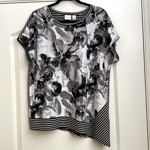 Chico's Floral Striped cap sleeve Top Shirt Womens XL Asymmetrical Spring Artsy
